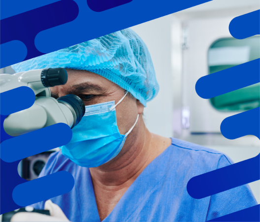 Person in a mask with a microscope