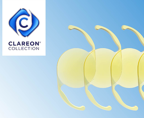 Four Clareon intraocular lenses (IOLs) displayed in a row on a blue gradient background, with the Clareon Collection logo in the top left corner.