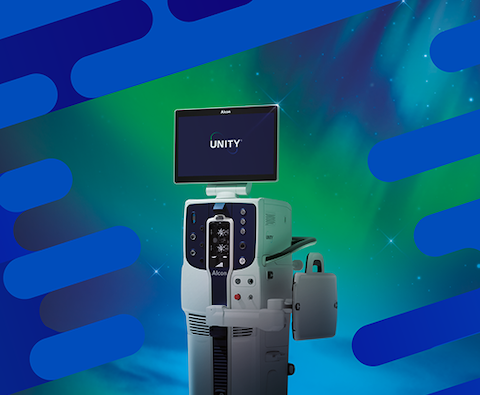 Alcon UNITY Vision System device displayed against a green and blue aurora-inspired background