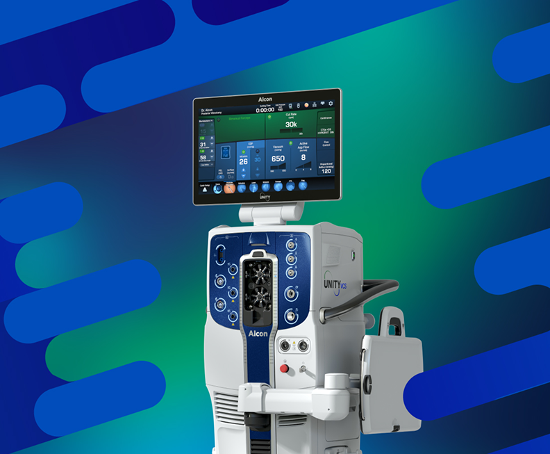 Alcon Unity Vision System surgical console with touchscreen display showing interface and settings