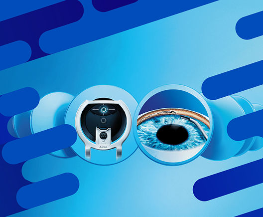 Voyager DSLT device alongside a close-up of the Hydrus Microstent in the eye, illustrating advanced glaucoma treatment technologies