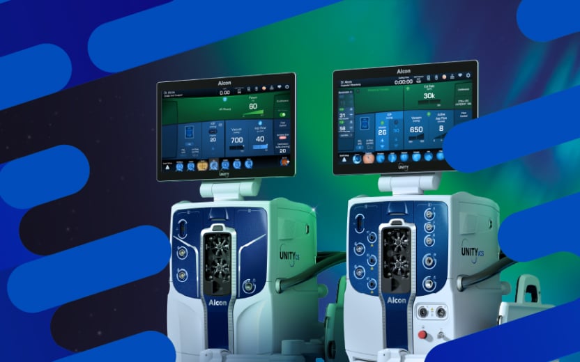 Two Alcon UNITY™ ophthalmic surgical systems with touchscreen displays shown against a blue and green illuminated background with decorative graphic elements