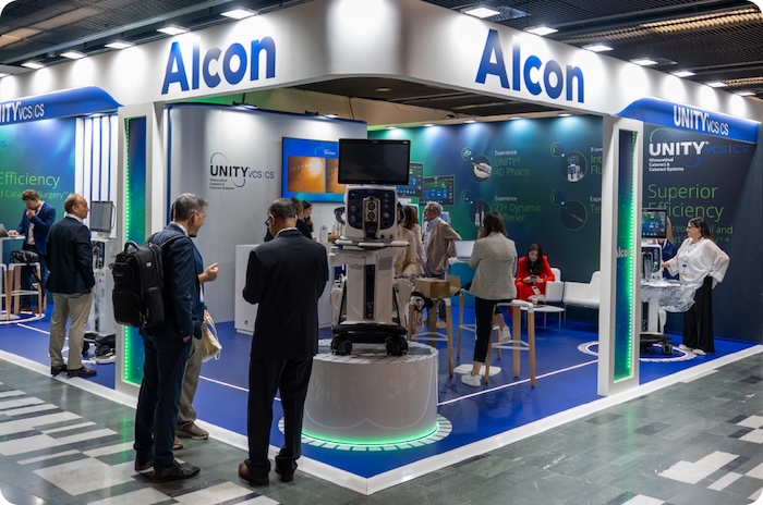 Alcon exhibition booth showcasing ophthalmic technology and surgical equipment at a healthcare industry trade show.