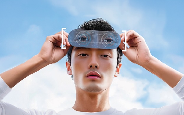 Close-up of a person holding device over the eyes, with a digital interface, alongside the text 'wavelight plus Personalized Precision' against a blue sky background."