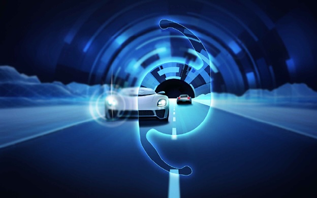 Futuristic driving scene showing cars on a road inside a tunnel-like environment, overlaid with a stylized eye graphic and blue digital lighting effects, alongside the text 'Clareon Vivity Extended Vision IOL'.