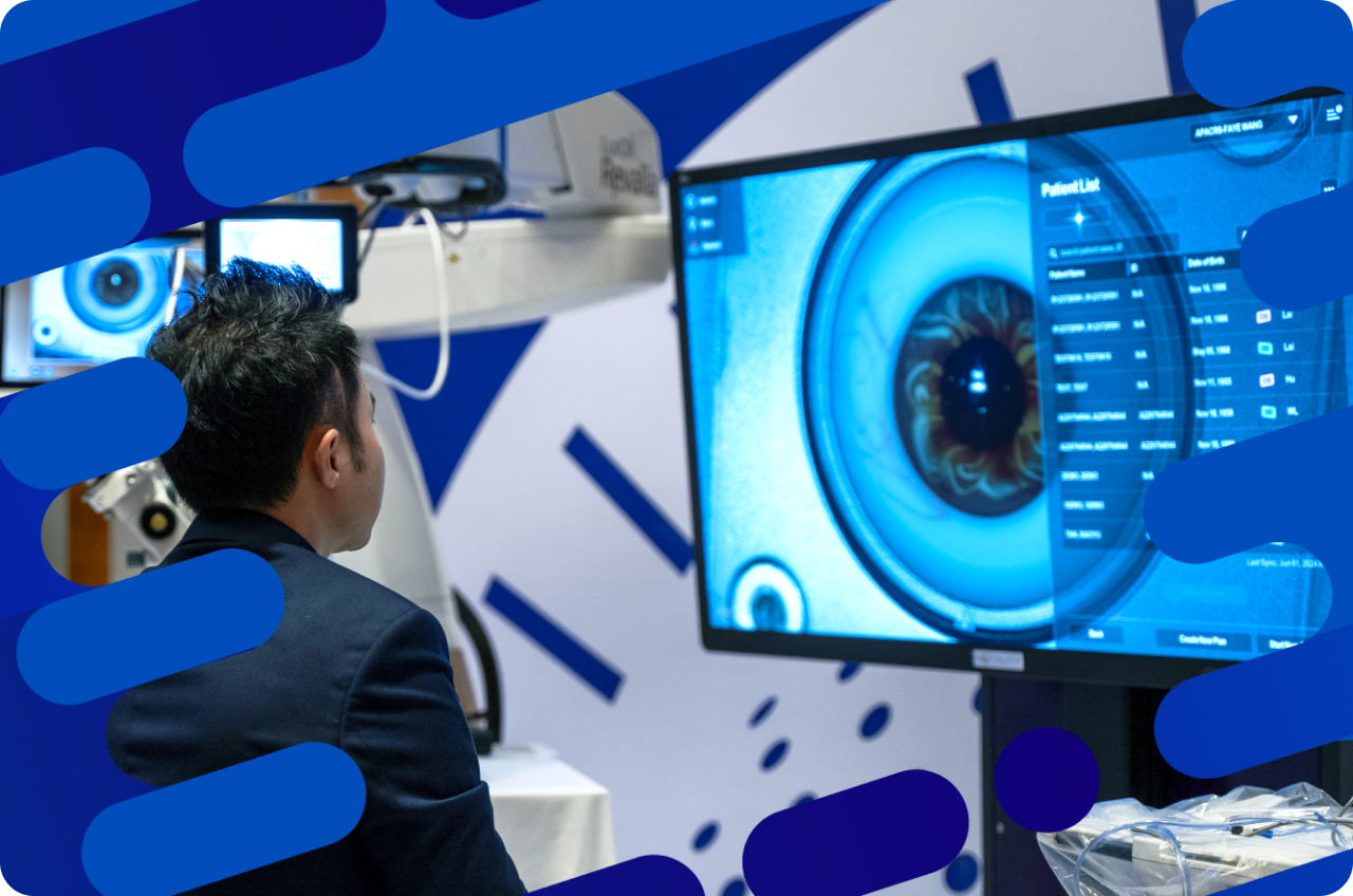 Image of a person looking at a screen with an eye