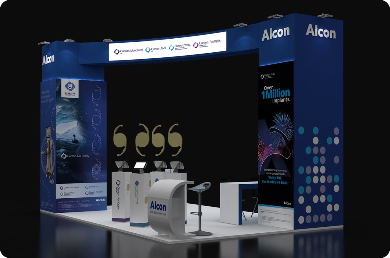 Alcon exhibition booth featuring Clareon IOL portfolio branding, product displays, and meeting space at a professional ophthalmology congress