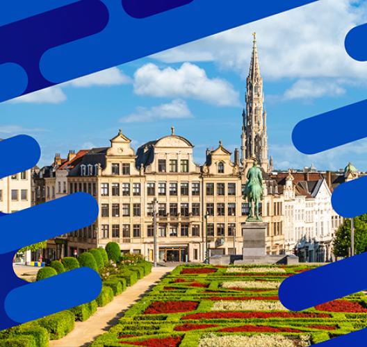 Brussels cityscape with manicured garden in the foreground, historic buildings and the Town Hall spire in Grand Place, overlaid with blue graphic elements.