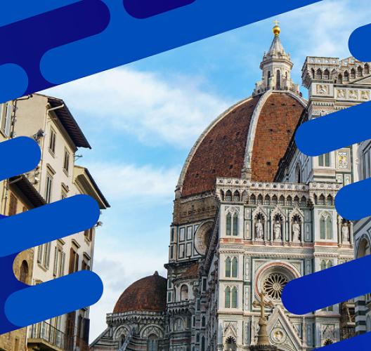 Florence Cathedral’s terracotta dome and ornate marble facade, framed by blue graphic shapes.