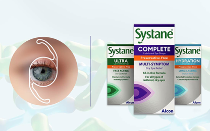 Systane eye care products with close-up graphics illustrating intraocular lens over eye