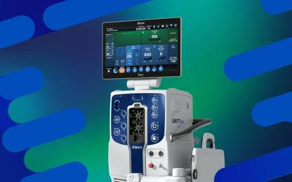 Alcon UNITY VCS vitreoretinal surgical system with touchscreen display and integrated instrument panel against a blue-green background