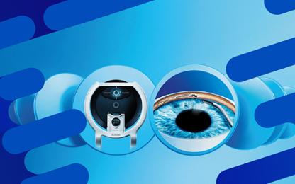 Voyager DSLT device alongside a close-up of the Hydrus Microstent in the eye, illustrating advanced glaucoma treatment technologies