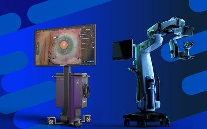 Advanced ophthalmic surgical system featuring a digital visualization monitor displaying an eye procedure and a robotic-assisted surgical platform, shown against a blue background with graphic accents
