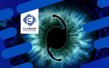 Clareon Collection logo displayed over a close-up blue iris with a stylized intraocular lens graphic, framed by blue design elements