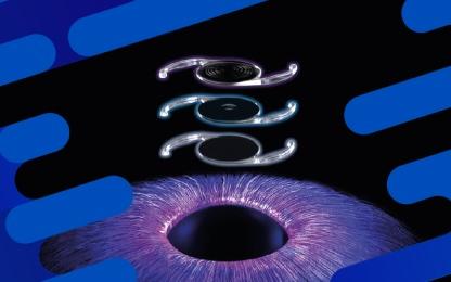 Close-up illustration of a human eye with a dilated pupil and three intraocular lenses positioned above it, set against a dark background with blue graphic accents