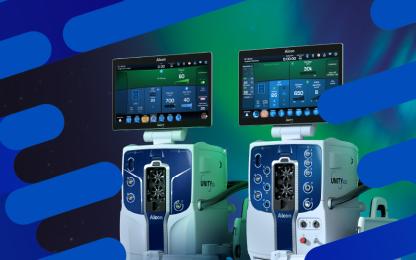 Two Alcon UNITY™ ophthalmic surgical systems with touchscreen displays shown against a blue and green illuminated background with decorative graphic elements