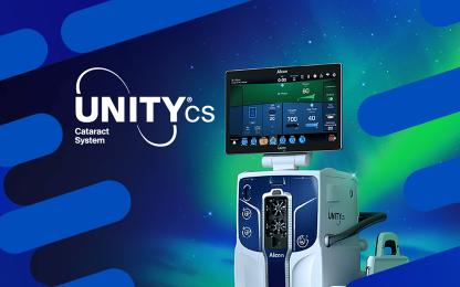 UNITY™ CS Cataract System with touchscreen display shown against a blue and green illuminated background, framed by blue graphic design elements