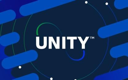 UNITY™ logo displayed on a dark blue background with circular graphic elements and blue decorative shapes