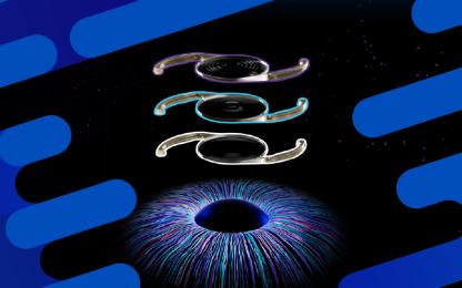 Close-up illustration of a human eye with a dilated pupil and three intraocular lenses positioned above it, set against a dark background with blue graphic accents