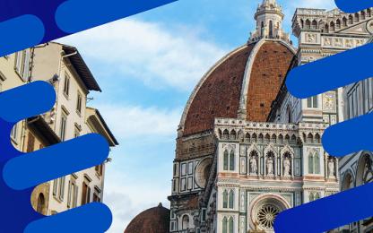 Florence Cathedral’s terracotta dome and ornate marble facade, framed by blue graphic shapes.